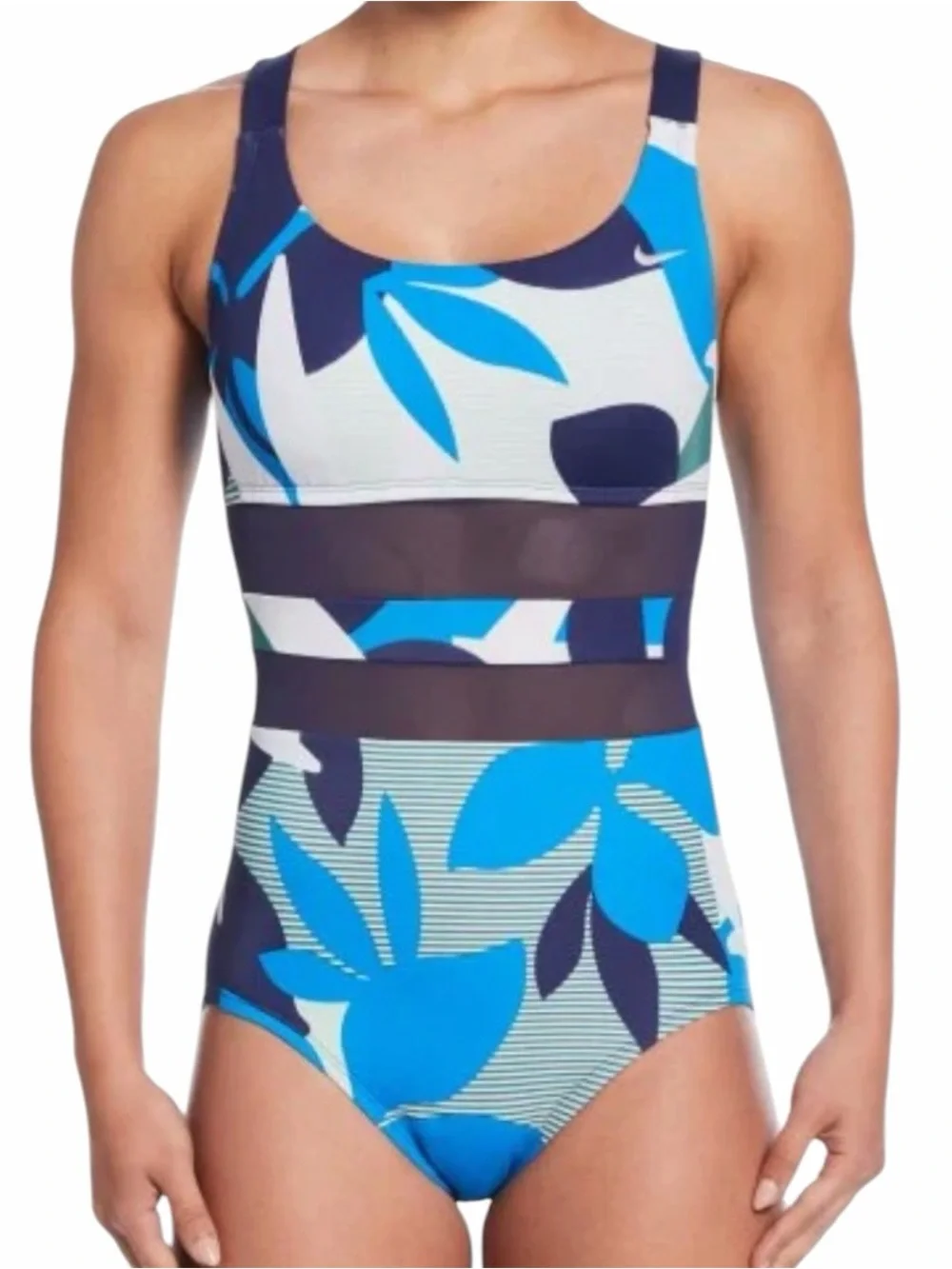 Nike Swim ‎ Active Mesh V- Back One Piece Blue Jungle Floral XL NESSF365-638